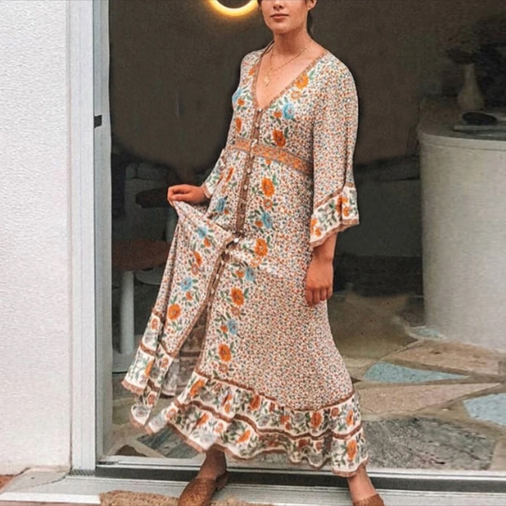 08 Boho Floral Print Button up Belted Kimono Dress - Picture 3 of 7